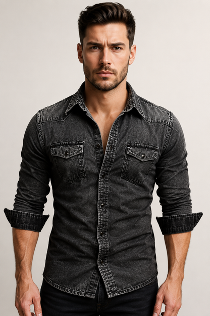 Men’s Casual Denim Shirt | Polyester Denim | Button-Up Long Sleeve Everyday Overshirt | Steven & Levon