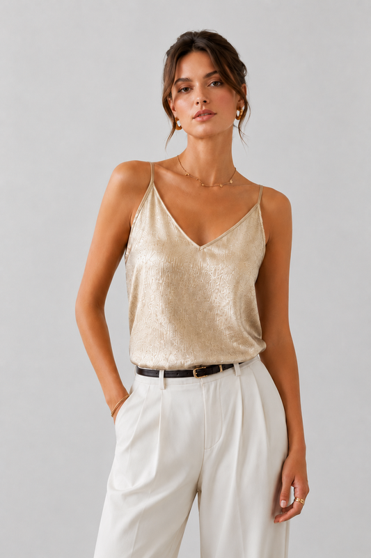 Women’s Metallic V-Neck Tank Top | Women | Metallic Fabric Blend | Adjustable Spaghetti Strap Cami Top | Steven & Levon
