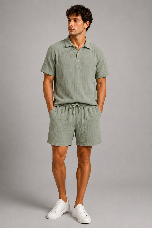 Linen & Cotton Polo and Shorts | Co-Ord Set | Short Sleeve | Drawstring Shorts | Steven & Levon