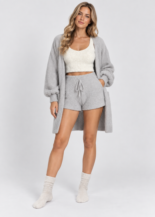 Women's 3-Piece Loungewear Set | Fluffy Cardigan, Crop Top & Shorts | Steven & Levon