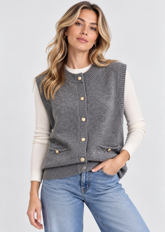 Women's Sweater Vest | Soft Knit | Gold Buckle O-Neck Sleeveless | Steven & Levon