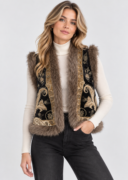 Women's Embroidered Vest | Faux Fur Trim | Boho Sleeveless | Steven & Levon