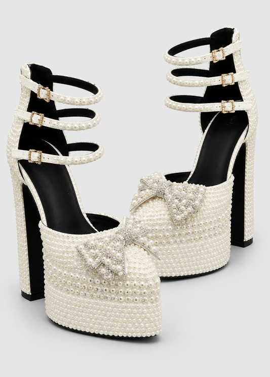 Pearl Embellished Platform Pumps | Women | Chunky Heel | White | Elegant Dress Shoes | Steven & Levon