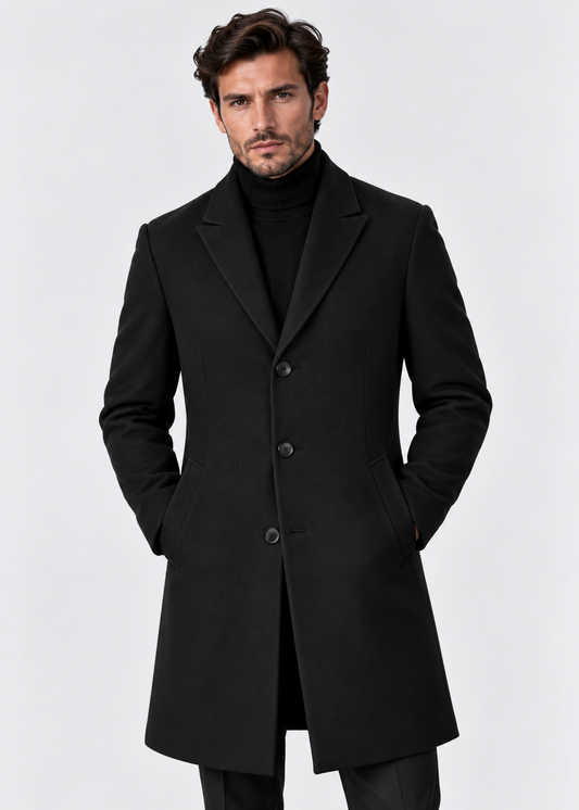 Men's Notched Collar Long Coat | Tailored Fit | Smart Casual Overcoat | Steven & Levon