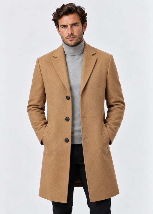 Men's Lapel Button Coat | Tailored Fit | Smart Casual Long Overcoat | Steven & Levon