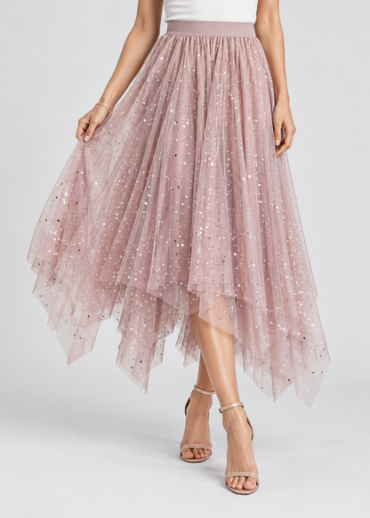 Women's High-Waist Sequin Skirt | Gathered Hem Elegant Party Style | Steven & Levon