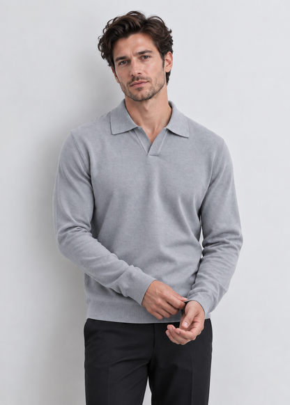 Men's Open Collar Wool Polo | Long Sleeve | Wool Blend | Smart Casual Sweater | Steven & Levon