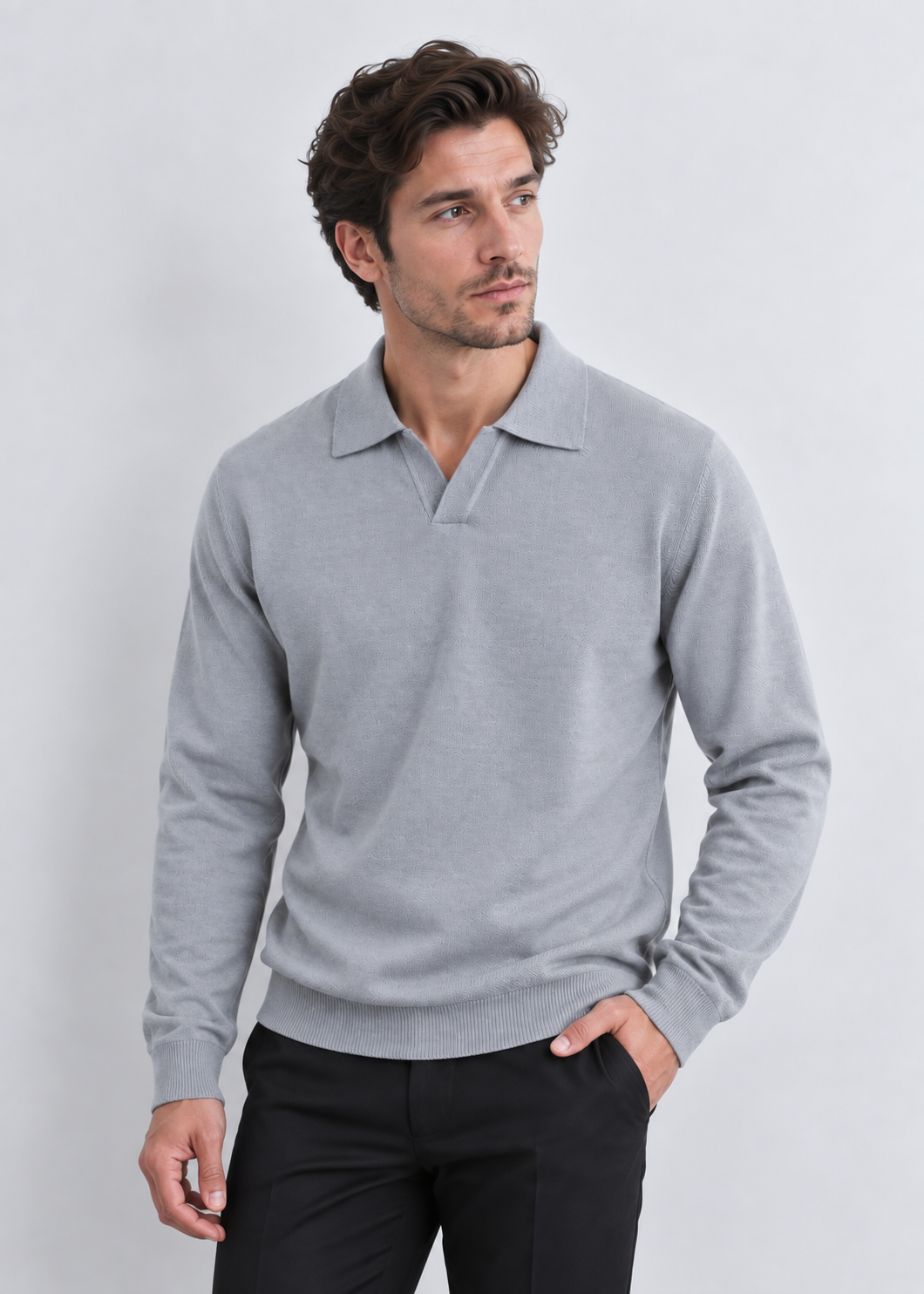 Men's Open Collar Wool Polo | Long Sleeve | Wool Blend | Smart Casual Sweater | Steven & Levon