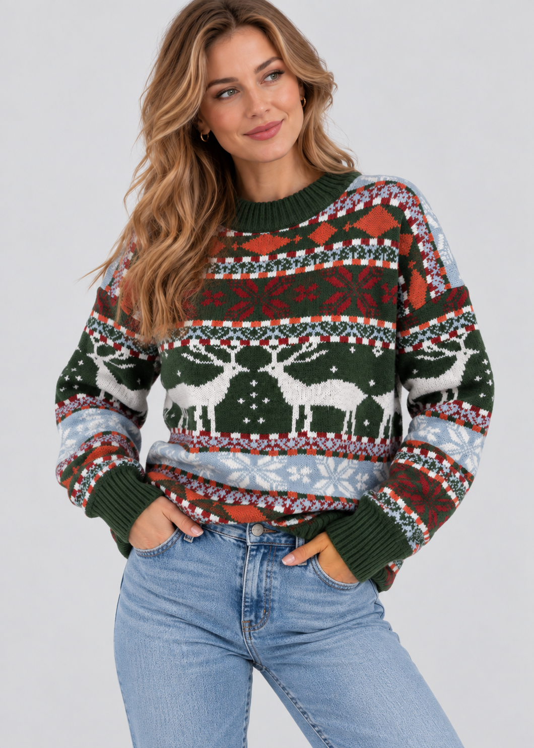 Deer Print Jumper | Womens Christmas Sweater | Jacquard Knit | Relaxed Fit | Steven & Levon