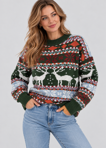 Deer Print Jumper | Womens Christmas Sweater | Jacquard Knit | Relaxed Fit | Steven & Levon