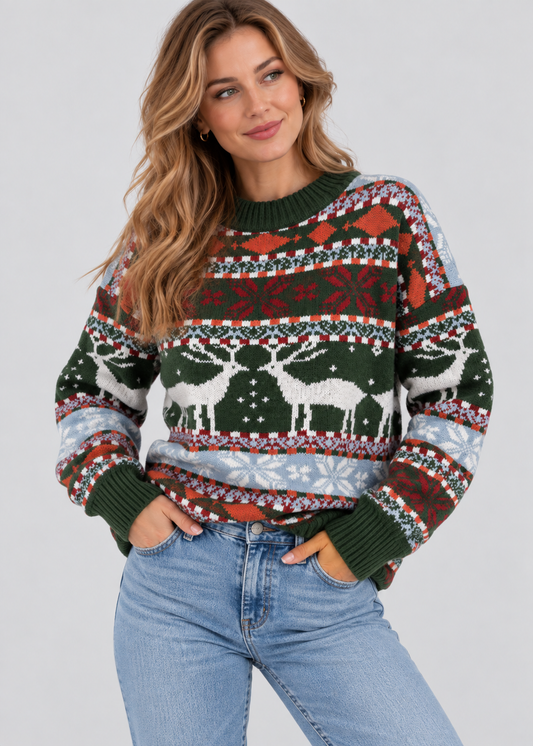Deer Print Jumper | Womens Christmas Sweater | Jacquard Knit | Relaxed Fit | Steven & Levon