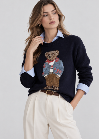 Embroidered Bear Sweater | Womens Christmas Sweater | Pure Cotton | Loose Fit | Steven & Levon