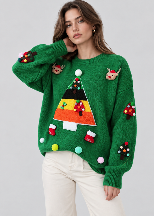 Christmas Tree Sweater | Womens Jacquard Knit | Loose Fit Round Neck | Winter Wear | Steven & Levon