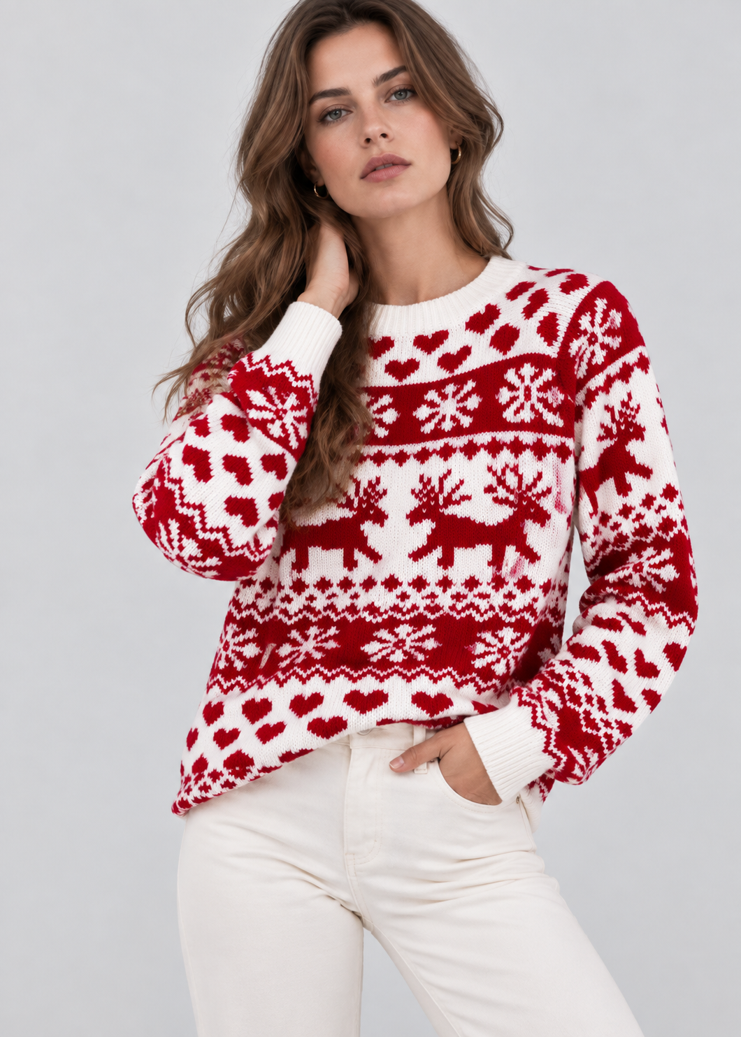 Elk Snowflake Sweater | Womens Christmas Sweater | Thick Knit | Round Neck Loose Fit | Steven & Levon