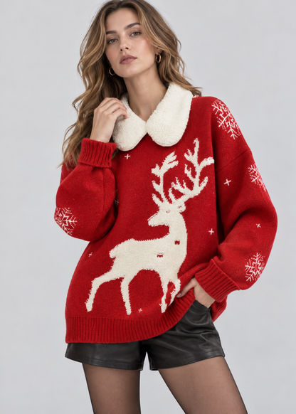 Red Vintage Sweater | Womens Christmas Sweater | Soft Knit Lapel | Loose Baggy Fit | Steven & Levon