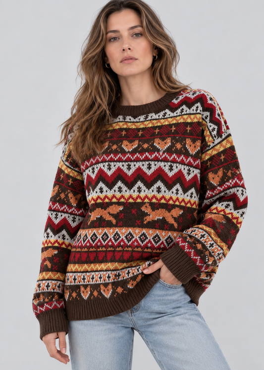 Fox Jacquard Sweater | Womens Christmas Sweater | Soft Knit | Round Neck Relaxed Fit | Steven & Levon