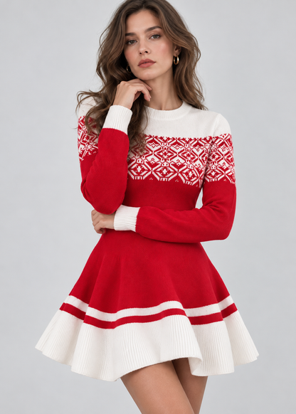 Geo Pattern Christmas Dress | Womens Long Sleeve Holiday Dress | Cotton Blend | Steven & Levon