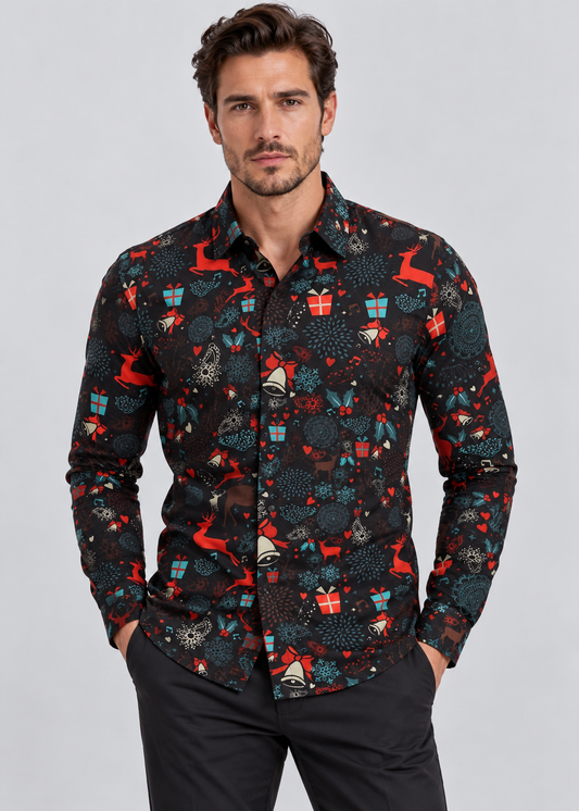 Festive Christmas Shirt | Men's Stand Collar | Button Detail | Holiday Style | Steven & Levon