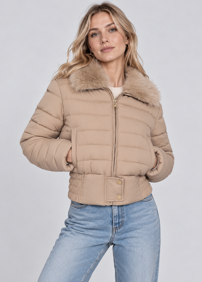 Cropped Puffer Jacket | Women | Faux Fur Collar | Warm Quilted Winter Coat | Steven & Levon