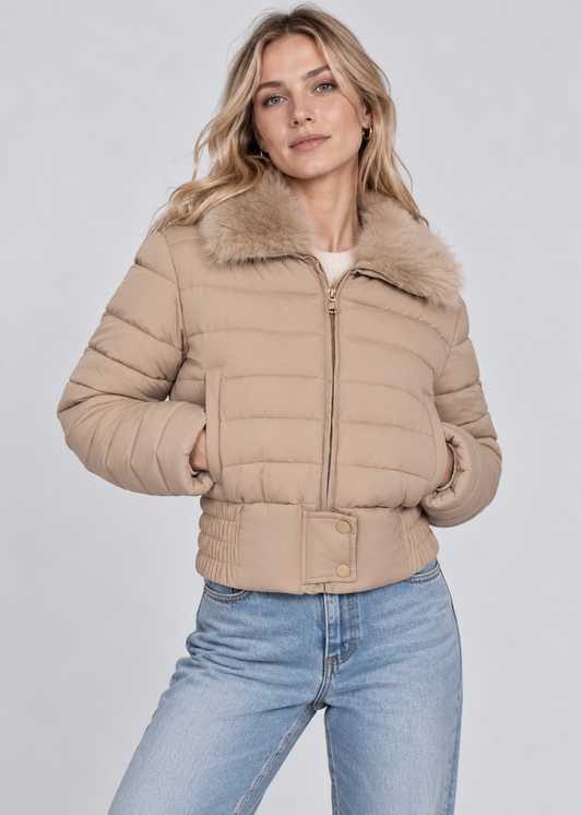 Cropped Puffer Jacket | Women | Faux Fur Collar | Warm Quilted Winter Coat | Steven & Levon