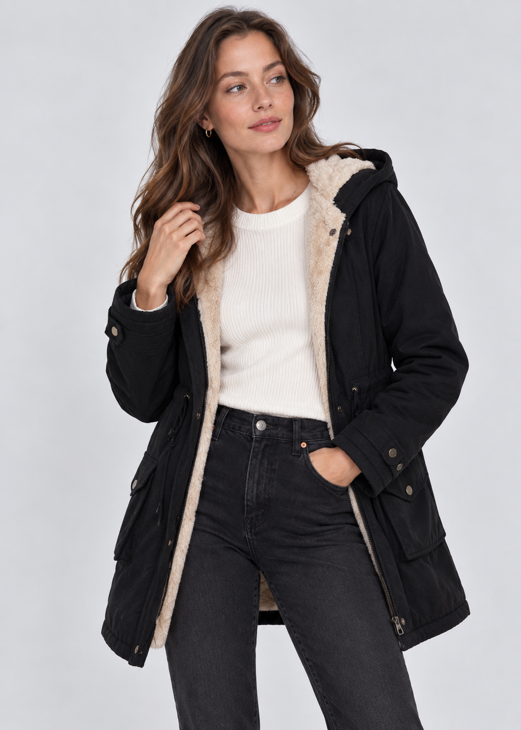 Sherpa Lined Coat | Women | Zip Front Hooded Jacket | Cozy Winter Outerwear | Steven & Levon
