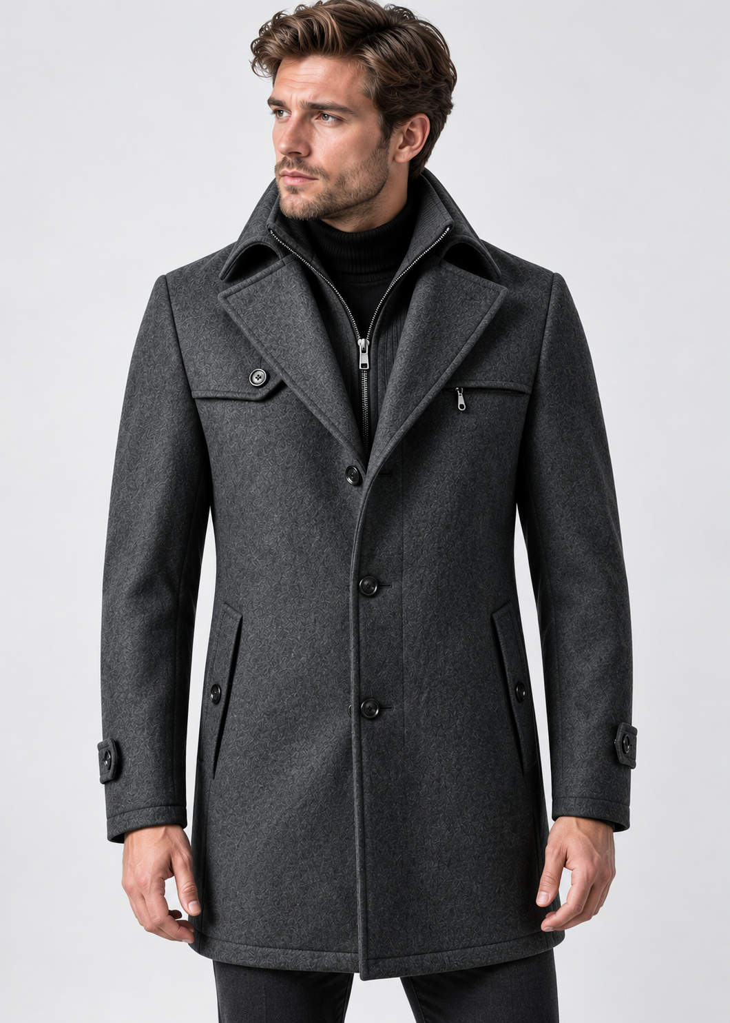 Men's Notched Collar Coat | Zip Insert | Mid-Length Smart Style | Steven & Levon