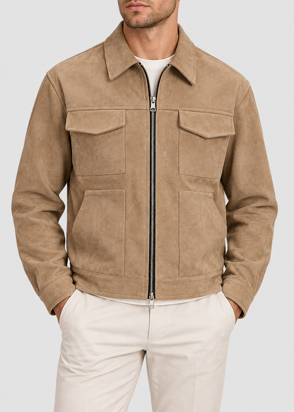 Men's Suede Utility Jacket | Loose Fit | Zip Front | Smart Casual Outerwear | Steven & Levon