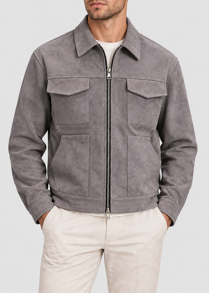 Men's Suede Utility Jacket | Loose Fit | Zip Front | Smart Casual Outerwear | Steven & Levon