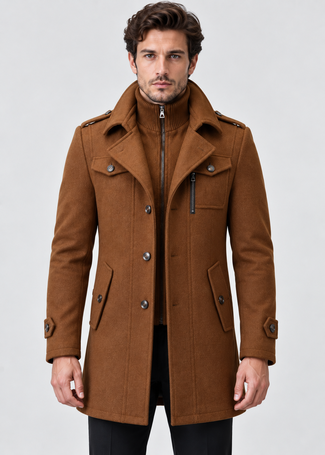 Wool Blend Trench Coat | Men Peacoat | Slim Fit Double Breasted Turn-Down Collar | Steven & Levon