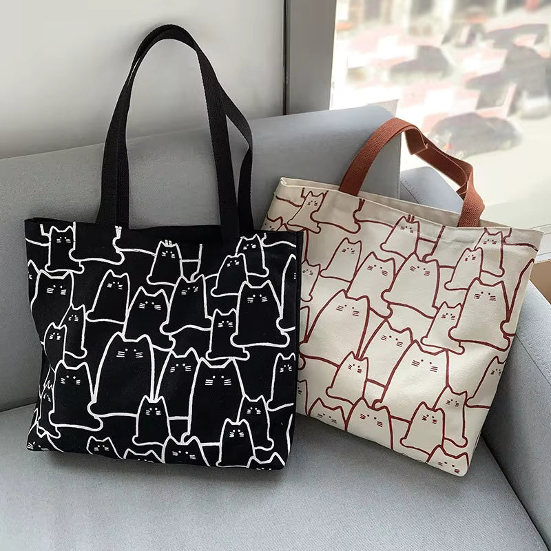 Canvas Tote Bag | Women | Cute Cat Print | Zipper Closure | Casual Shoulder Bag | Steven & Levon