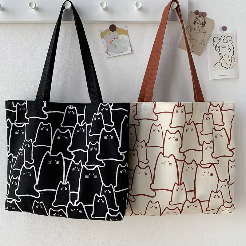 Canvas Tote Bag | Women | Cute Cat Print | Zipper Closure | Casual Shoulder Bag | Steven & Levon