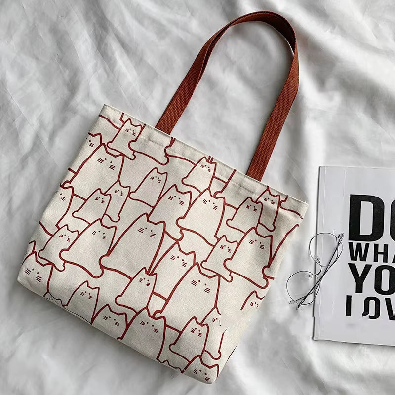 Canvas Tote Bag | Women | Cute Cat Print | Zipper Closure | Casual Shoulder Bag | Steven & Levon
