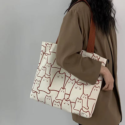 Canvas Tote Bag | Women | Cute Cat Print | Zipper Closure | Casual Shoulder Bag | Steven & Levon