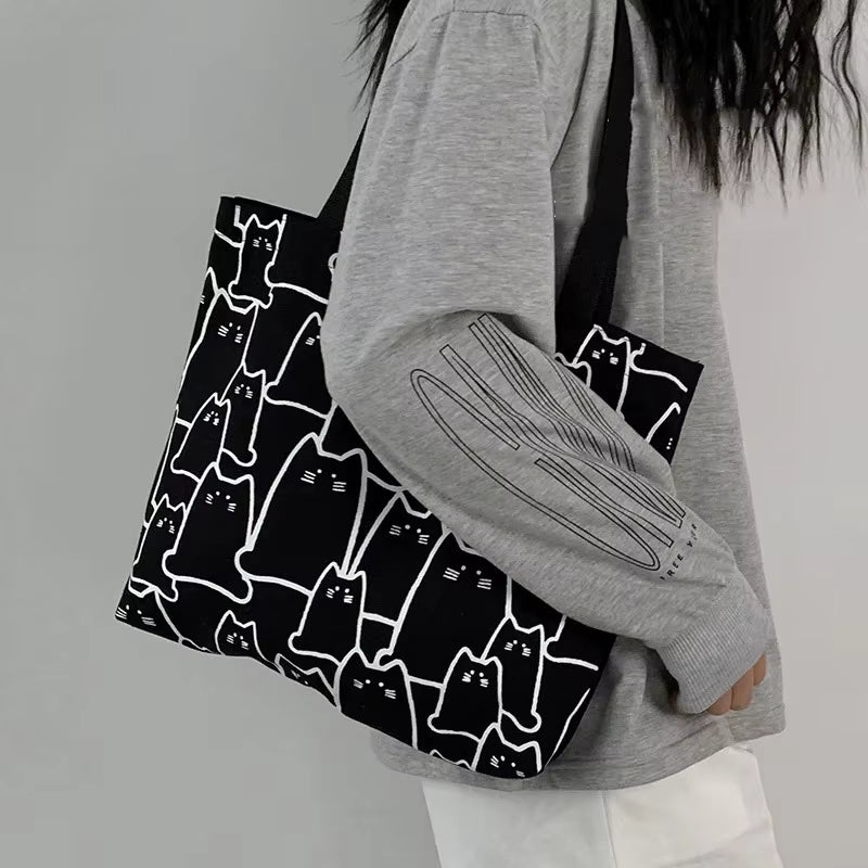 Canvas Tote Bag | Women | Cute Cat Print | Zipper Closure | Casual Shoulder Bag | Steven & Levon
