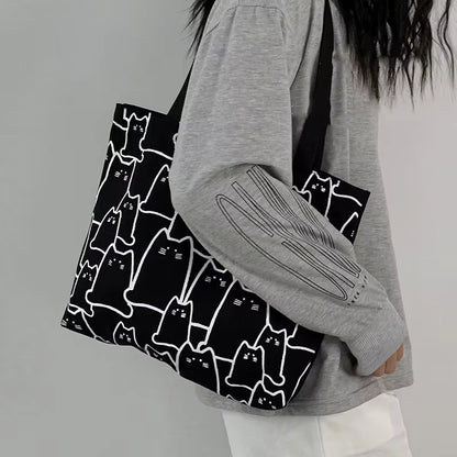 Canvas Tote Bag | Women | Cute Cat Print | Zipper Closure | Casual Shoulder Bag | Steven & Levon