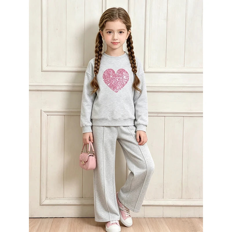 Girls Heart Print Sweatshirt & Wide Leg Pants Set | Long Sleeve | Casual Outfit | Steven & Levon