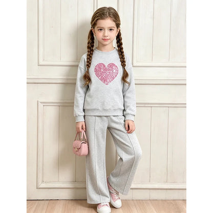 Girls Heart Print Sweatshirt & Wide Leg Pants Set | Long Sleeve | Casual Outfit | Steven & Levon