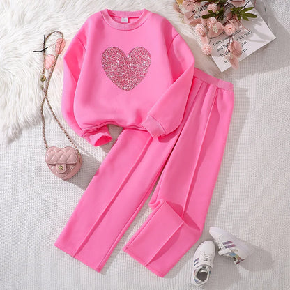 Girls Heart Print Sweatshirt & Wide Leg Pants Set | Long Sleeve | Casual Outfit | Steven & Levon