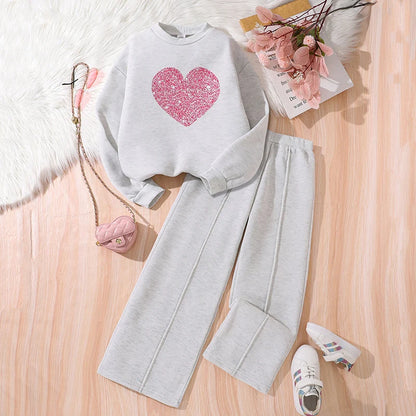 Girls Heart Print Sweatshirt & Wide Leg Pants Set | Long Sleeve | Casual Outfit | Steven & Levon