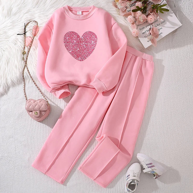 Girls Heart Print Sweatshirt & Wide Leg Pants Set | Long Sleeve | Casual Outfit | Steven & Levon