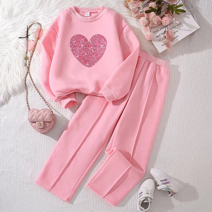 Girls Heart Print Sweatshirt & Wide Leg Pants Set | Long Sleeve | Casual Outfit | Steven & Levon