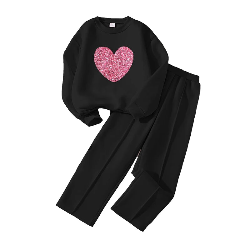 Girls Heart Print Sweatshirt & Wide Leg Pants Set | Long Sleeve | Casual Outfit | Steven & Levon