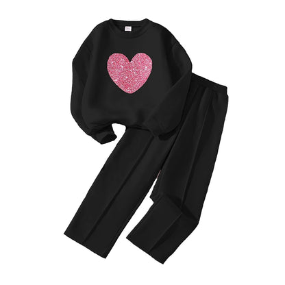 Girls Heart Print Sweatshirt & Wide Leg Pants Set | Long Sleeve | Casual Outfit | Steven & Levon