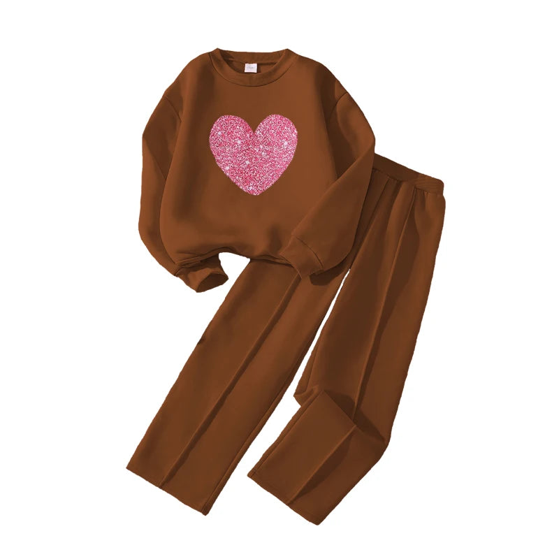 Girls Heart Print Sweatshirt & Wide Leg Pants Set | Long Sleeve | Casual Outfit | Steven & Levon