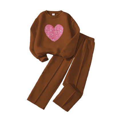 Girls Heart Print Sweatshirt & Wide Leg Pants Set | Long Sleeve | Casual Outfit | Steven & Levon