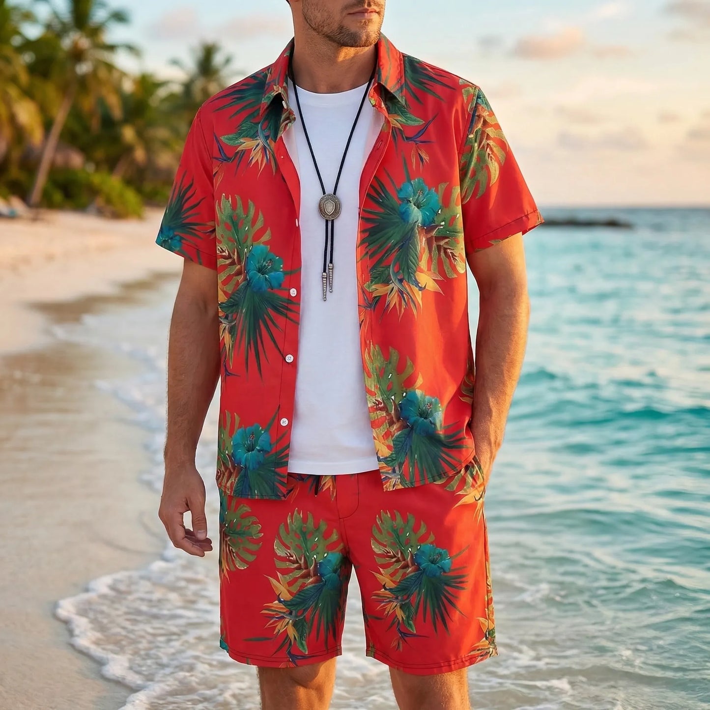 Coralvo - Printed Hawaiian Shirt And Shorts Set  Beach Day Outfits