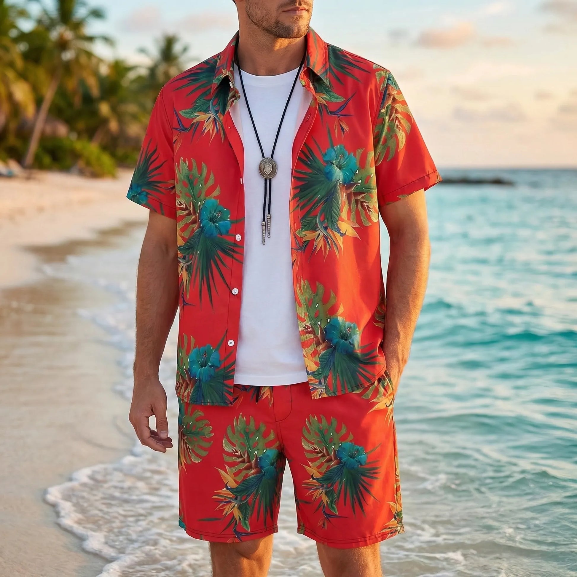Coralvo - Printed Hawaiian Shirt And Shorts Set  Beach Day Outfits