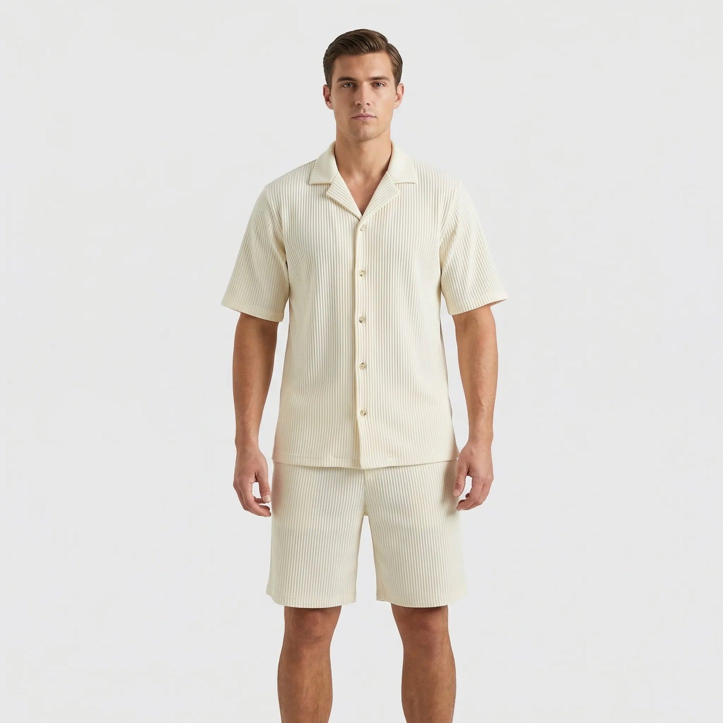 Corduvet - Ribbed Texture Matching Short Set  Beach Casual Outings