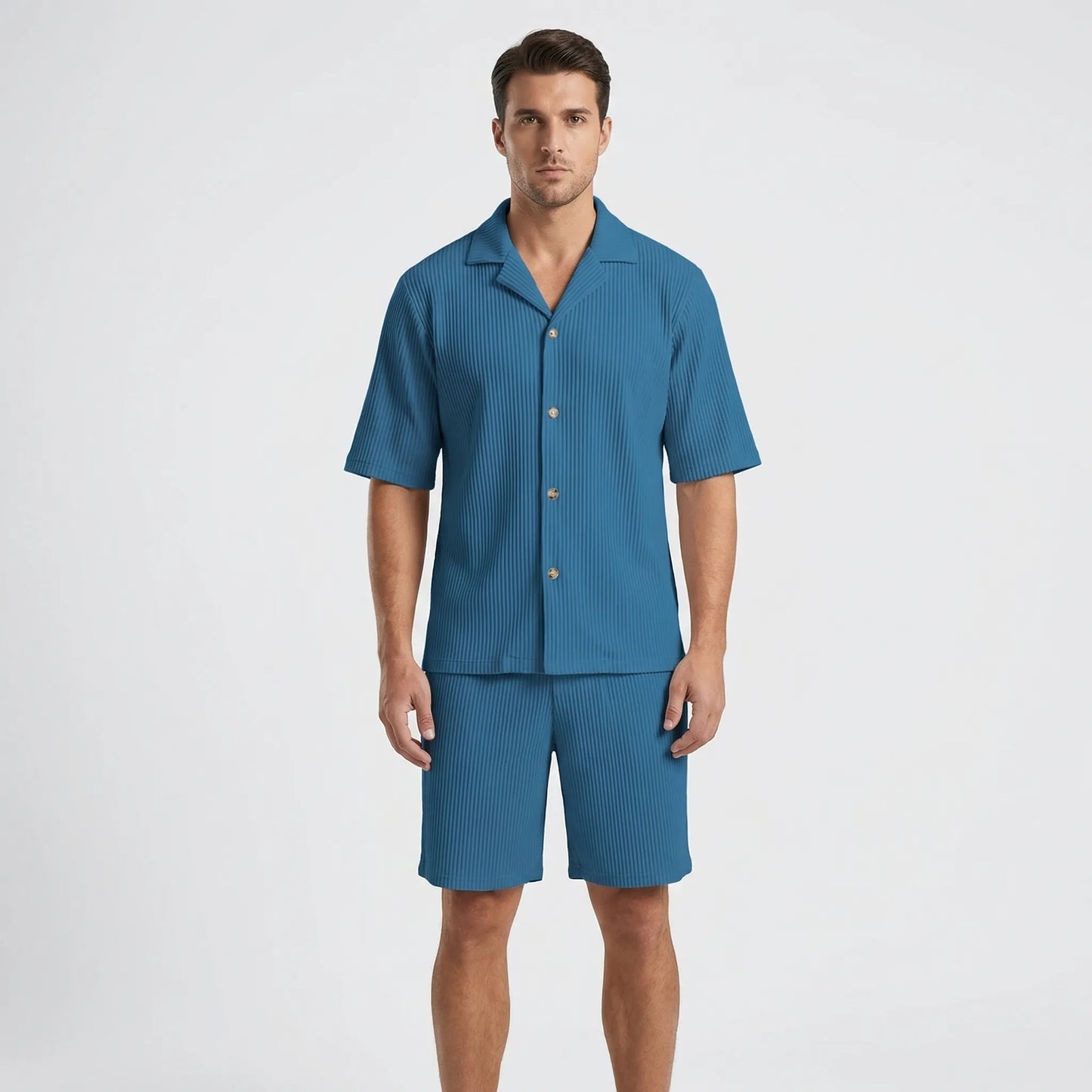 Corduvet - Ribbed Texture Matching Short Set  Beach Casual Outings