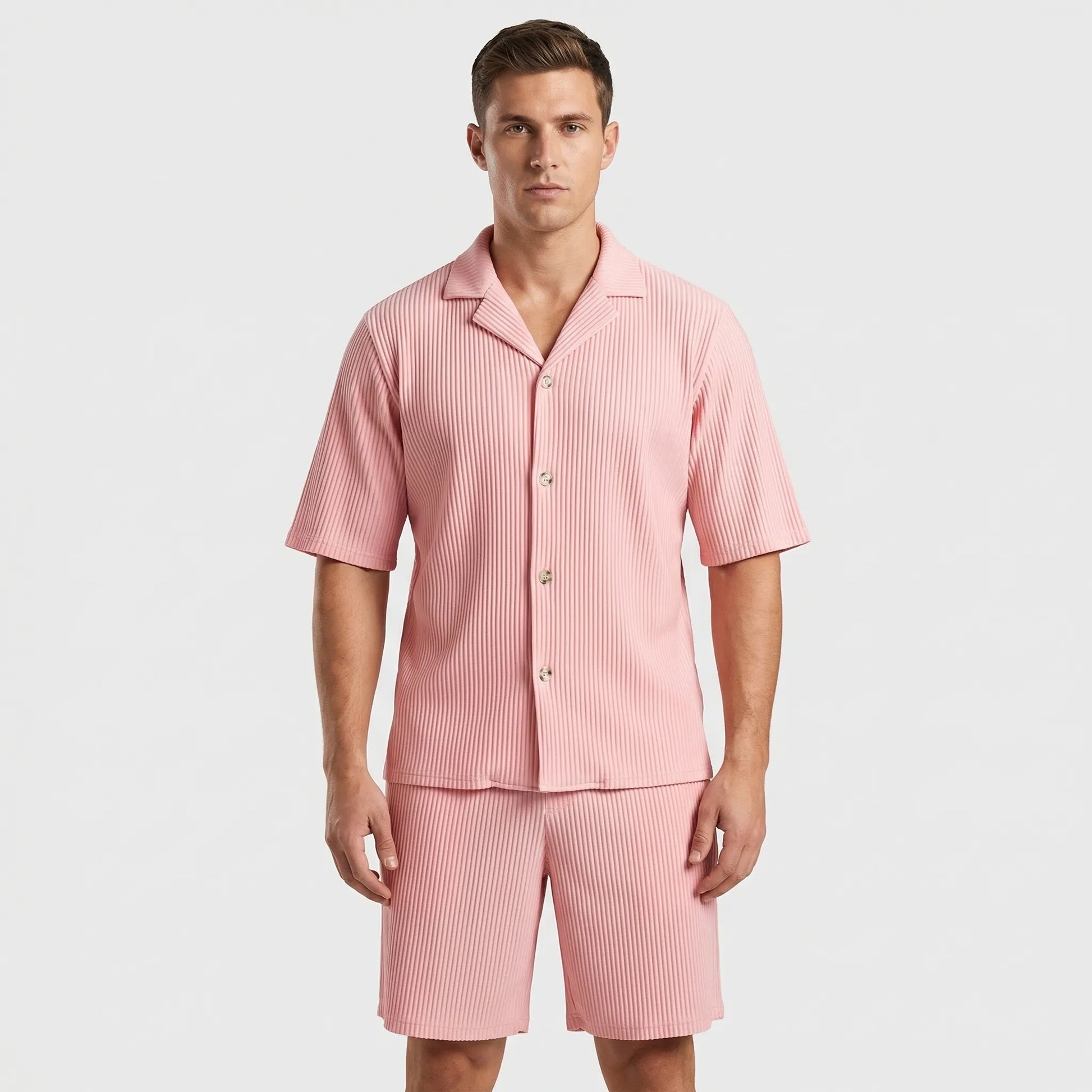 Corduvet - Ribbed Texture Matching Short Set  Beach Casual Outings